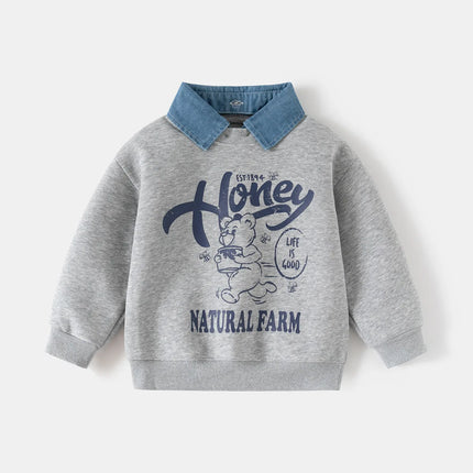 Spring New Children Clothes Korean Style Boys Fake Two Piece Sweatshirt Detachable Collar Cartoon Printed Long Sleeve Top