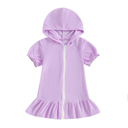 Girls Swimwear Cover-ups Solid Color Short Sleeve Zipper Ruffle Beach Dress Toddler Bathing Suit Kids Bikini Cover Up 1-8Y