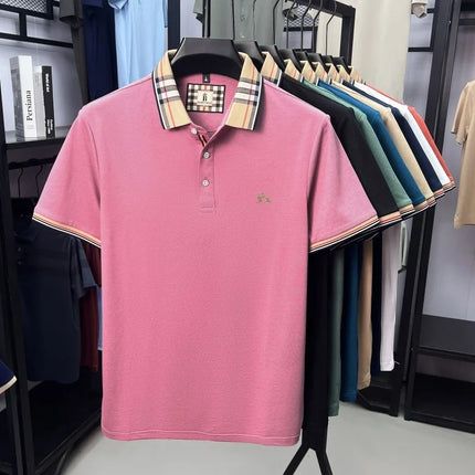 High-end luxury brand men's short-sleeve polo shirt, summer breathable cotton plaid lapel top, fashion embroidered casual T-shirt