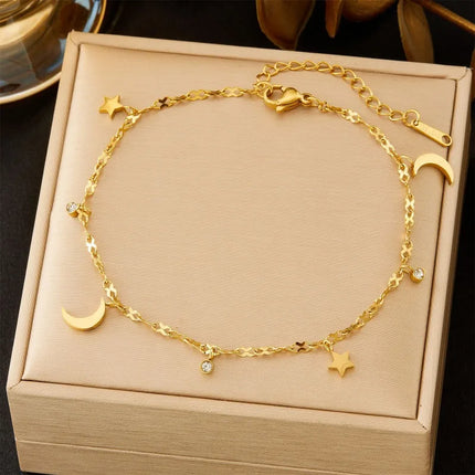 Hot Sell Exquisite Gold Color Stainless Steel Small Round Zircon Star Moon Pendant Anklets for Woman Korean Summer Beach Jewelry
