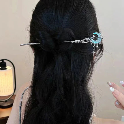 Luminous Flower Hairpin for Women, Creative Star and Moon Tassel Hair Stick, Retro Chinese Style Metal Hair Accessory