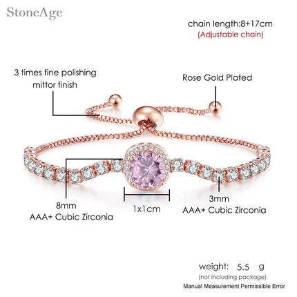 Pink Crystal Tennis Bracelets for Women Female Trend Romantic Shiny Zirconia Adjustable Folding Buckle Chain on Hand Jewelry