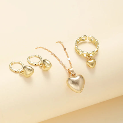 Korea New Hot Sale Peach Heart Pendant Earrings Necklace Rings Light Luxury Design Three-Piece Sets Trend Party Jewelry Gift Sets