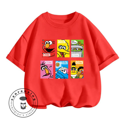 2026 Summer Cute Kawaii Sesame Street Crew Neck Tshirt 3-14Y Kids Boys Girls Cartoon Street Hot Fashion Outdoor Casual