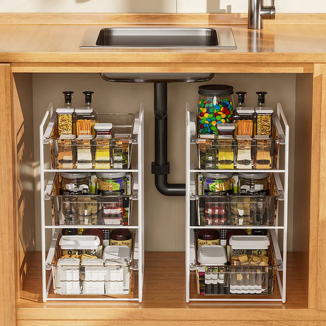 1-3 Tier Under Sink Organizer Pull Out Cabinet Storage Rack Sliding Shelf with Clear Drawers for Kitchen Bathroom Storage Rack