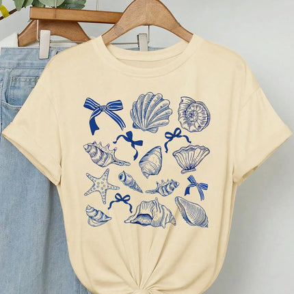Summer American Retro Y2k Marine Animal Conch Bow Pattern T-shirt Women's Loose Round Neck Streetwear Half-sleeved Top
