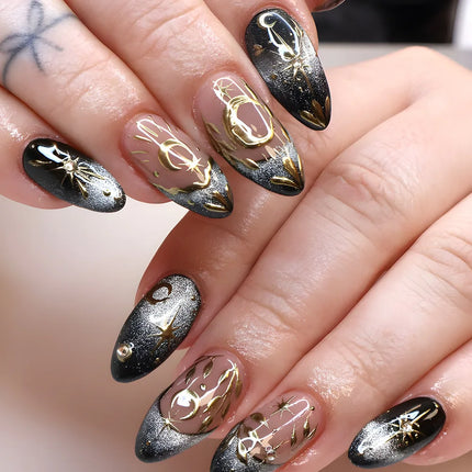 24pcs Romantic Y2k Star Press On Nails Gradient Blue French Style Gold Moon Designs Fake Nail Sweet Almond False Nails For Women