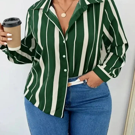 Plus Size Women Shirt 2025 New Women's Striped Printed Temperament Commuter Shirt Slim Women's Shirt Long Sleeve Streetwear Tops