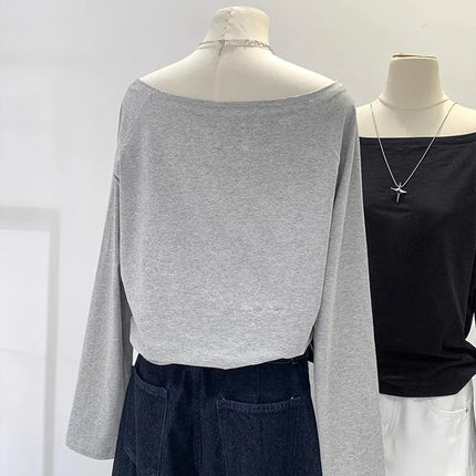 One Shoulder Cotton Slant Shoulder Long Sleeve Women's Interior-Style Wide Truffle Shoulder Base Autumn Winter Shirt