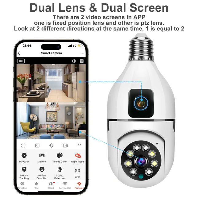 8MP HD PTZ WiFi Dual Lens Dual Screen E27 Bulb Camera Tuya Smart Life Security Video Surveillance Camera Ai Human Auto Tracking