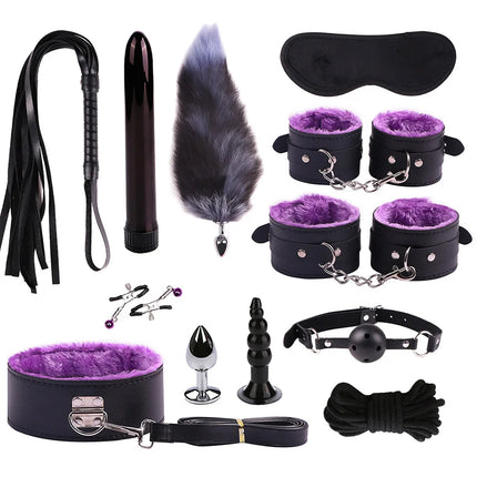 23PCS BDSM Bondage Set Handcuffs Ball Gag Whip Anal Plug Vibrator Egg Sex Toy for Women Men Couples Fetish Slave Role Play Kit