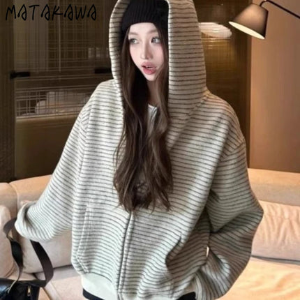 Matakawa Stripes Hooides Women Tops Zipper Autumn Winter Y2k Sweatshirts Korean Fashion Loose Hooded Retro Sudaderas Mujer
