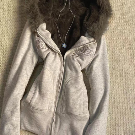New Hip Hop Fashion Light Gray Letter Embroidery Cardigan Hooded Sweatshirt High Street Spicy Girl Slim Fit Waist Hugging Jacket