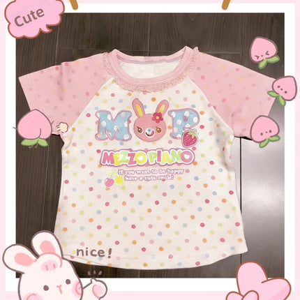 Cute Japanese Style Short Sleeve round Neck Lace Print T-Shirt for Girls Early Fashion Soft Shoulder Insert Color Block Summe...