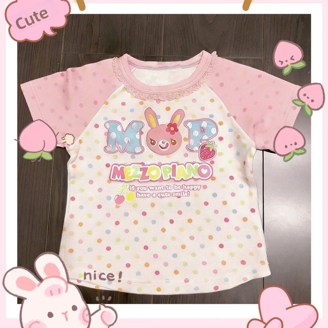 Cute Japanese Style Short Sleeve round Neck Lace Print T-Shirt for Girls Early Fashion Soft Shoulder Insert Color Block Summe...