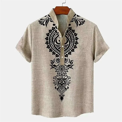 Men's shirt ethnic style 3D printing henley shirt, men's fashion button down collar short sleeve, high quality men's tops