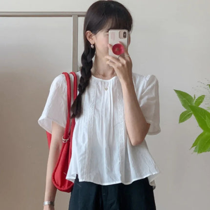 Sweet Sle Lace Trim Blouse Women's Spring Summer Fre Youthful Doll irt Gathered Paneling Romantic Forest Girl Gentle