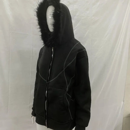 Dark Gothic Solid Color Plush Hat Collar High Street Hip Hop Long Sleeve Hoodies 2000s Autumn Winter Warm Windproof Loose Coat