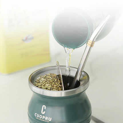 Yerba Mate Gourd Set Includes Double Walled Stainless Steel Tea Cup One Bombilla Mate (Straw), Cleaning Bruch, Tea Separator
