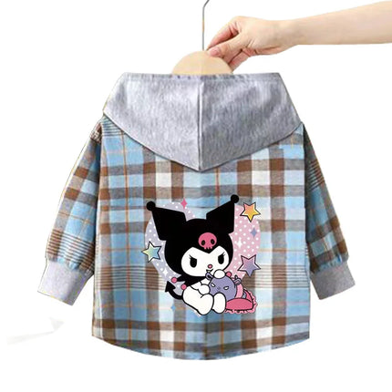 Spring and Autumn Children's Sanrio Cinnamoroll Shirts 1-12 Year Girls Checkered Hooded Blouse Fashion Cartoon Shirt Sweater