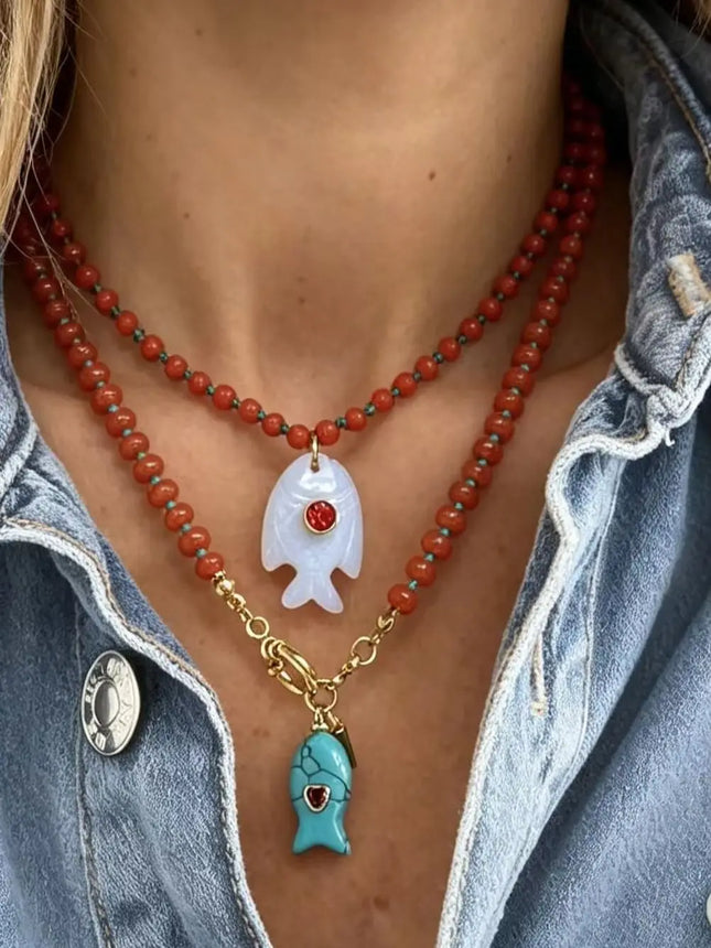 High-quality fish pendant, party accessory festive gift handmade beaded necklace with colored natural stones perfect for summer