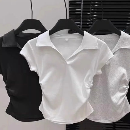 Cotton Summer Sexy Women's T Shirt Skinny Slim Basic Solid Crop Top Short Sleeve Polo TShirtCasual Top Tee for Women