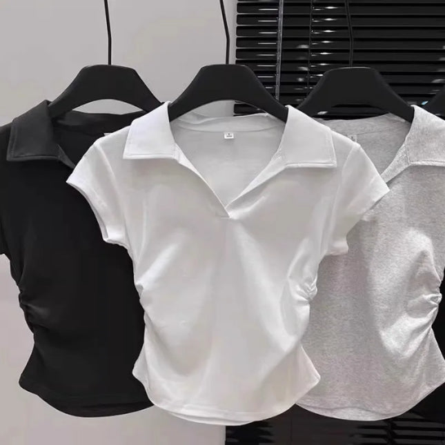 Cotton Summer Sexy Women's T Shirt Skinny Slim Basic Solid Crop Top Short Sleeve Polo TShirtCasual Top Tee for Women