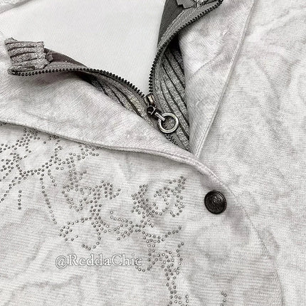 REDDACHiC Stitch Knit Lepard Hoodies Jacket Y2k Aesthetic Rhinestone Long Sleeve Top Zip Up Hooded Cardigan Vintage Fall Clothes