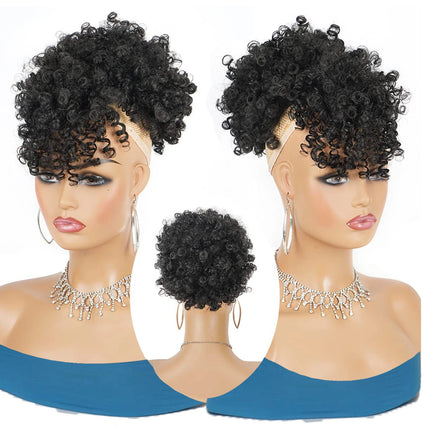 Drawstring Ponytail with Bangs Afro Puff Ponytail Extensions for Women Short Curly Puff Ponytail with Bangs Clip in Wrap Updo Ha