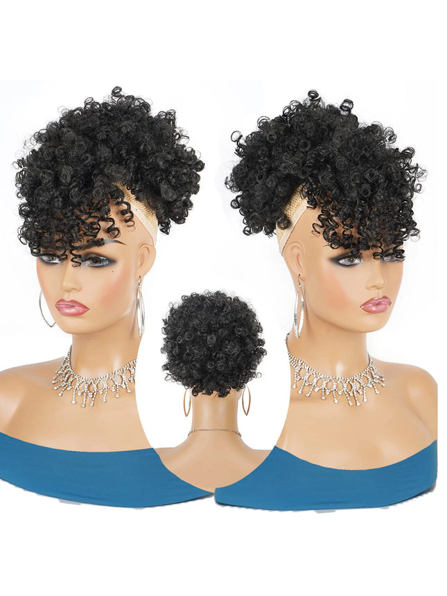 Drawstring Ponytail with Bangs Afro Puff Ponytail Extensions for Women Short Curly Puff Ponytail with Bangs Clip in Wrap Updo Ha