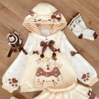 L 55-62.5kg / Caramel pudding cat hoodie - fleece lined no large bow