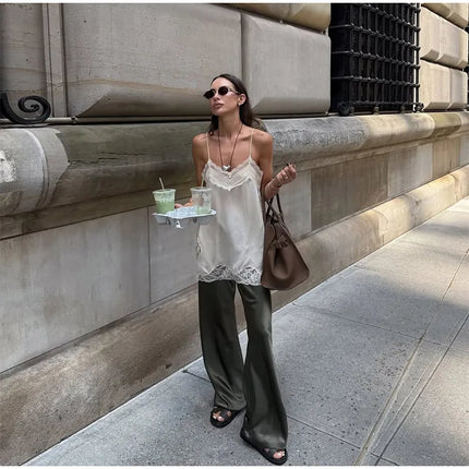 Women Lace Patchwork Sling Top Sexy V-neck Sleeveless Side Split Solid Color Vest 2025 New Summer Lady Party Vacation Tops
