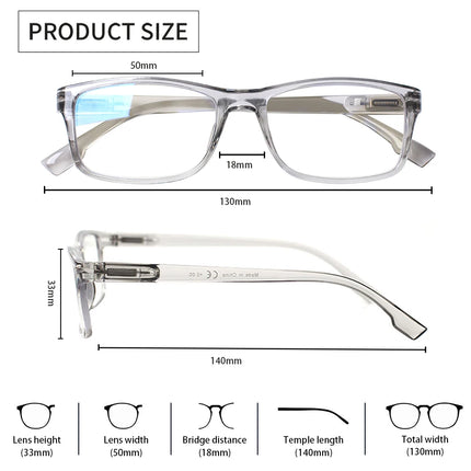 Henotin Reading Glasses for Men And Women Transparent Colored Rectangular Frames HD Anti-Blue Light Lenses Prescription Glasses