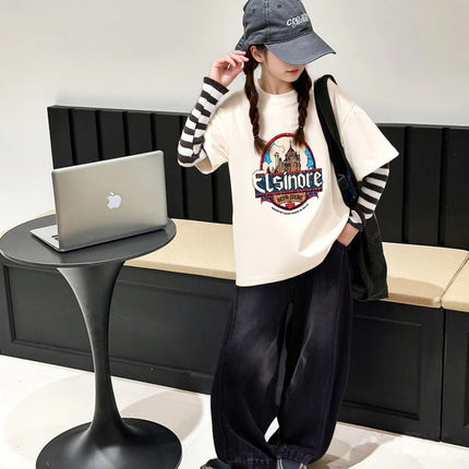 Bora Children's Faionable Girl's 2025 New Autumn Sweatirt Fake Two-Piece Children's T-irt Boys And Girls Casual Loose Fit