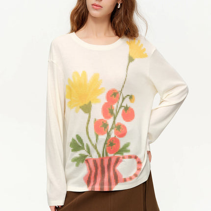 DUSHU Women Floral Art Retro Print Knit T-Shirt 2026 Spring New Arrival Floral Design Loose Casual Slim-Fitting Top Long Sleeve