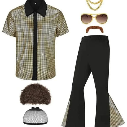 Men's Flared Pants Disco Shiny Shirt 70s Style Hip Hop Checkered Patterned Clothing Set Fashionable Retro Trend 2025