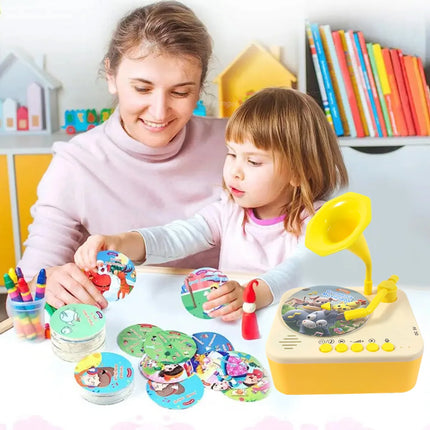 Chriyungel Kids Gramophone Story Music Player with 93 Cards Educational Learning Toy for Toddler Recordable Player Boy Girl Gift