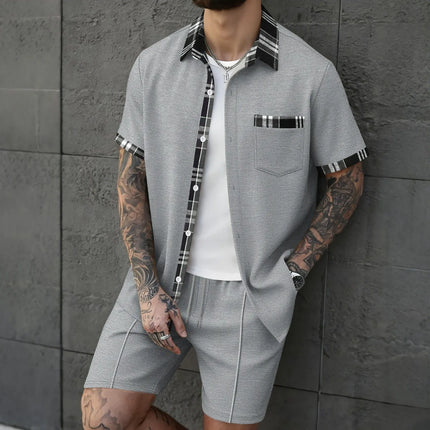 2026 New Men's 2 Piece Outfit Waffle Knit Short Sleeve Shirt & Shorts Set Casual Streetwear Tracksuit