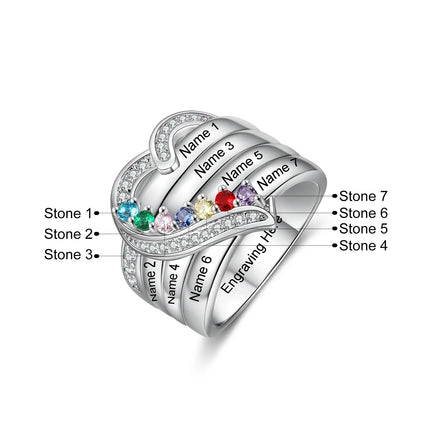 Personalized Family Names Ring With Birthstone Custom Silver Engraved Finger Rings CZ Heart Ring For Women Mother's Day Gifts