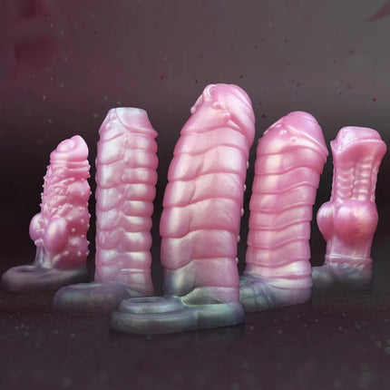 FAAK Pink Dildo Sheath Fantasy Ribbed Dragon Penis Sleeve Soft Silicone Sex Toys Stretchable Cock Enlargement Male Masturbator