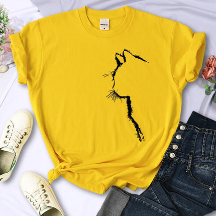 Simple Strokes Of Cat Funny Printed Women T-Shirt Fashion Casual Short Sleeve O-Neck Personality Street Tee Clothing Summer Tops