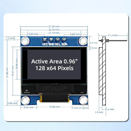 0.96 Inch OLED Display Module, 128x64 Pixel I2C SSD1306 Luminous OLED Screen Board Compatible with Arduino Raspberry Pi ESP32
