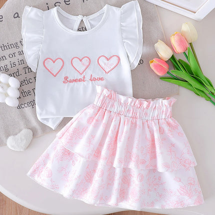 2025 New Arrival Heart Print Short-Sleeved T-Shirt and Printed Mini Skirt Casual Two-Piece Set
