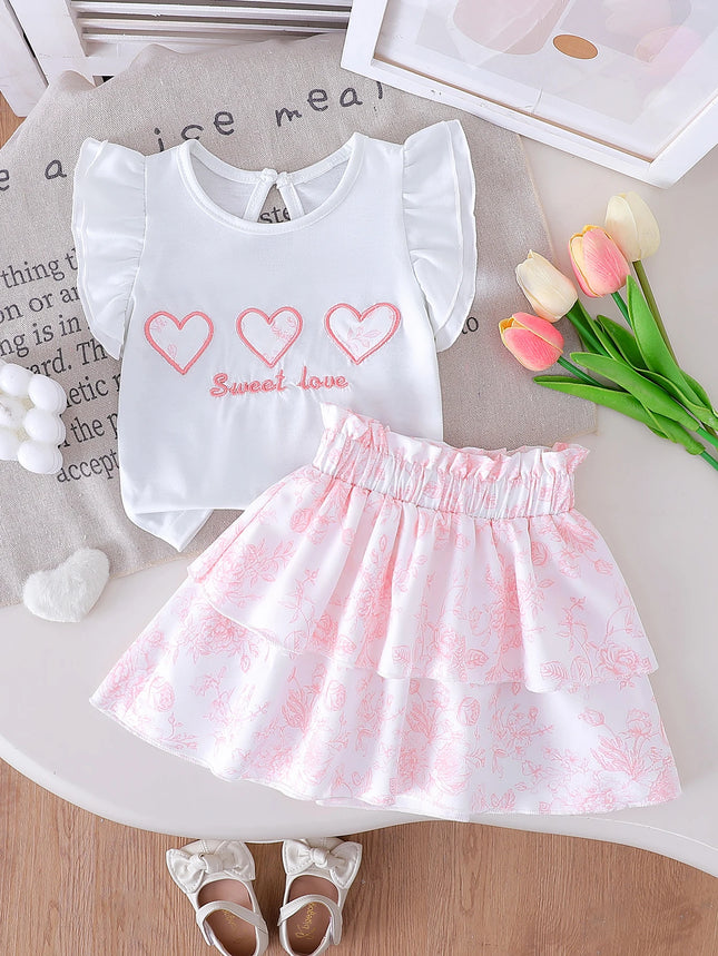 2025 New Arrival Heart Print Short-Sleeved T-Shirt and Printed Mini Skirt Casual Two-Piece Set