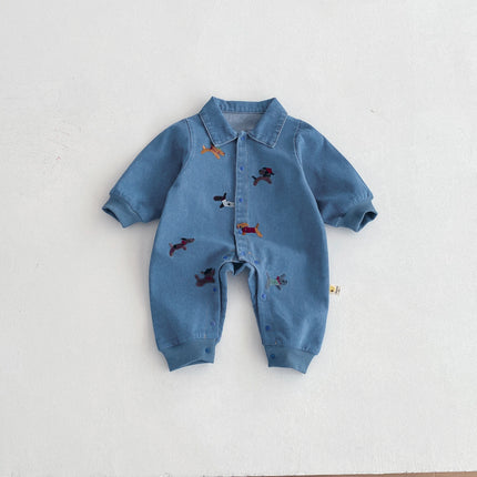 Baby one-piece suit, denim autumn wear, embroidered outdoor crawling clothes for boys and girls, Hayi, first birthday clothes fo