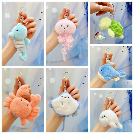 Soft Ocean Animal Keychain Small Turtle Kawaii Fluffy Whale Keyring Simulation PP Cotton Press Sound Pendant Home Decor