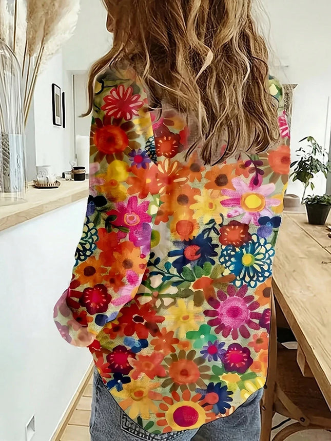 Plus Size Crushed Printed Button Casual Shirt Single Row Button Home Fashion Basic Versatile T-shirt