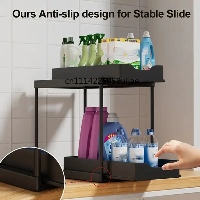 Double-layer pull-out kitchen storage rack multi-functional organizer, shelf, suitable for kitchen sink storage