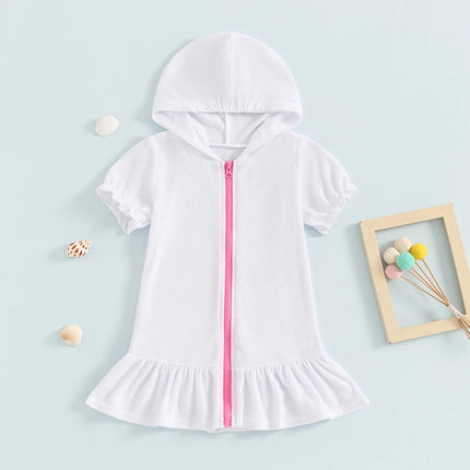 Girls Swimwear Cover-ups Solid Color Short Sleeve Zipper Ruffle Beach Dress Toddler Bathing Suit Kids Bikini Cover Up 1-8Y