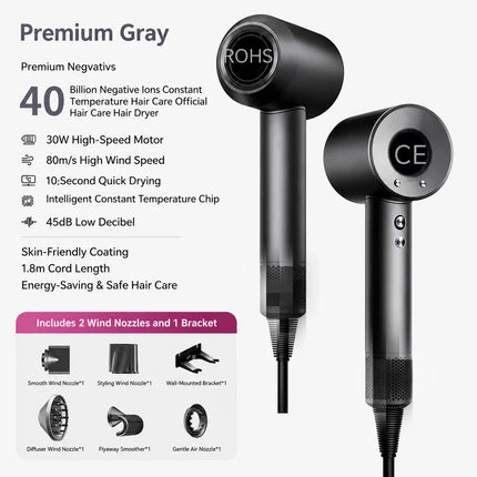 High Speed Hair Dryer 40M Negative Ions Constant Temp Fast Drying Low Noise Professional Salon Blow Dryer with Nozzles